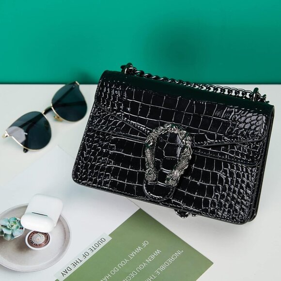 ⚡ Women's Black Snake Vegan Leather Print Casual Satchel Crossbody Handbag - Picture 1 of 7